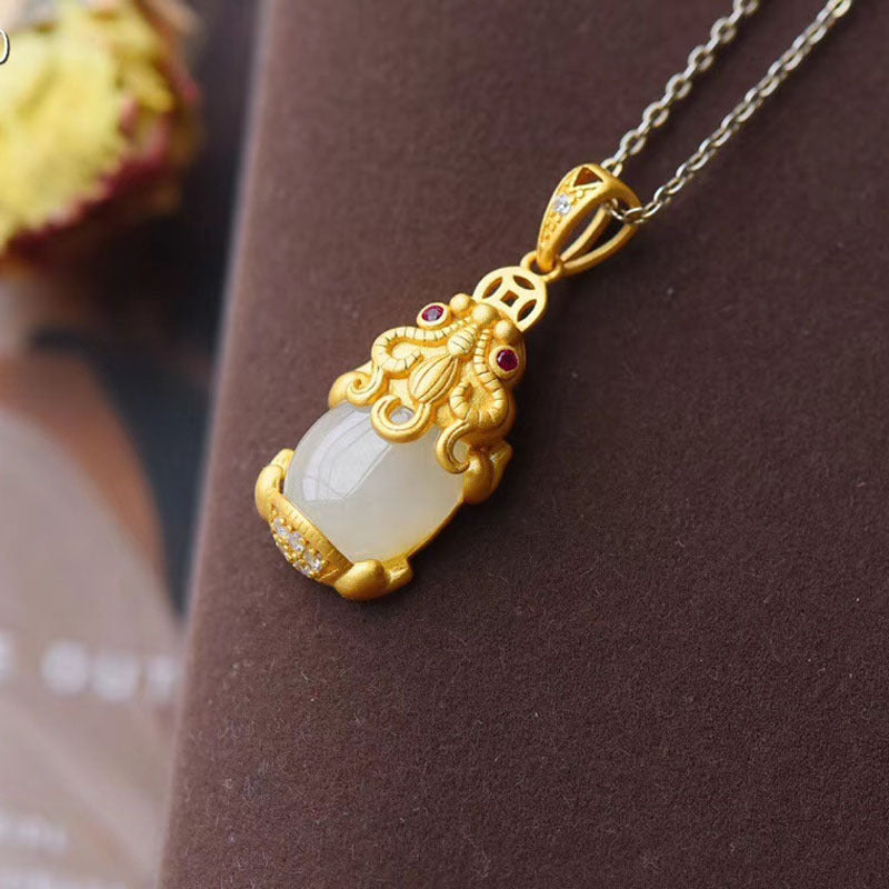 Green Or White Jade Pixiu Pendant Gold Plated Chain Prosperity and Wealth Necklace