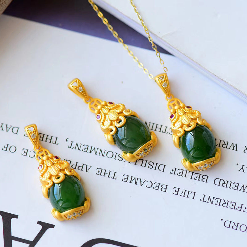 Green Or White Jade Pixiu Pendant Gold Plated Chain Prosperity and Wealth Necklace