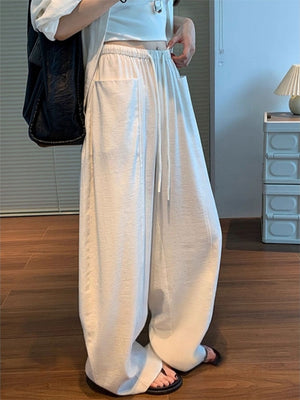 High waisted loose Trousers white linen wide-leg for women 
