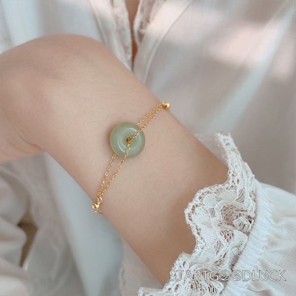 Jade Donut Bracelet - Gold Chain Minimalist Chinese Style Gemstone Jewelry