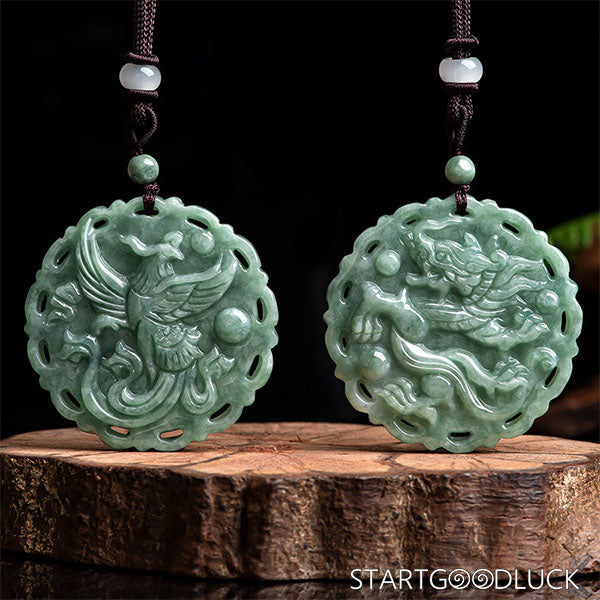 Hand-Carved Jade Dragon & Phoenix Pendant: Harmony & Fortune Amulet