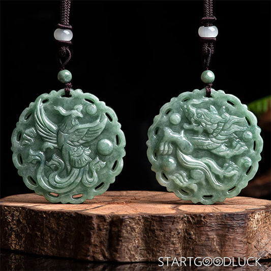 Hand-Carved Jade Dragon & Phoenix Pendant: Harmony & Fortune Amulet