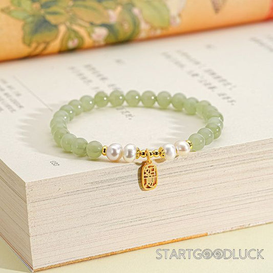 Jade Pearl Bracelet - Gold Chinese Lucky Charm Elegant Gemstone Jewelry