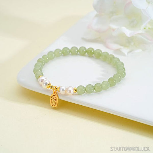 Jade Pearl Bracelet - Gold Chinese Lucky Charm Elegant Gemstone Jewelry