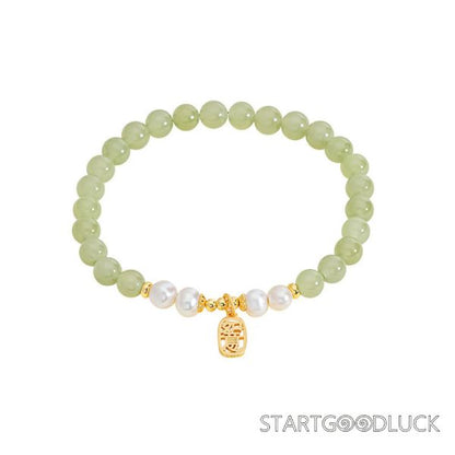 Jade Pearl Bracelet - Gold Chinese Lucky Charm Elegant Gemstone Jewelry