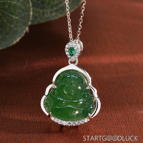 Jade Buddha Necklace - Laughing Buddha Jade Stone Pendant with Silver Setting