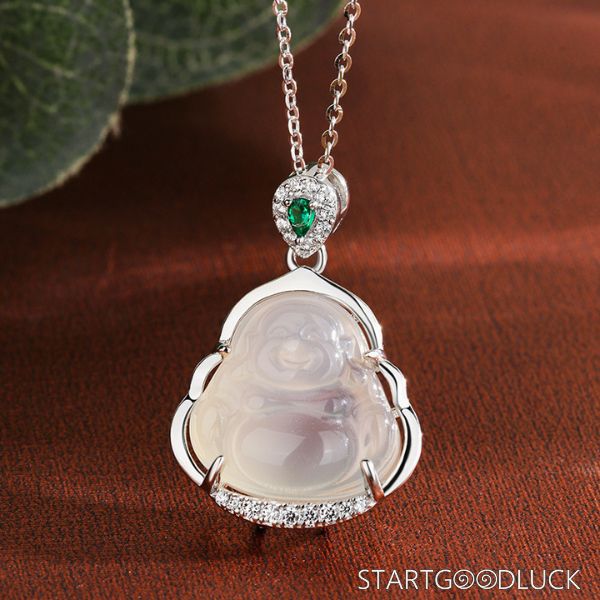 Jade Buddha Necklace - Laughing Buddha Jade Stone Pendant with Silver Setting