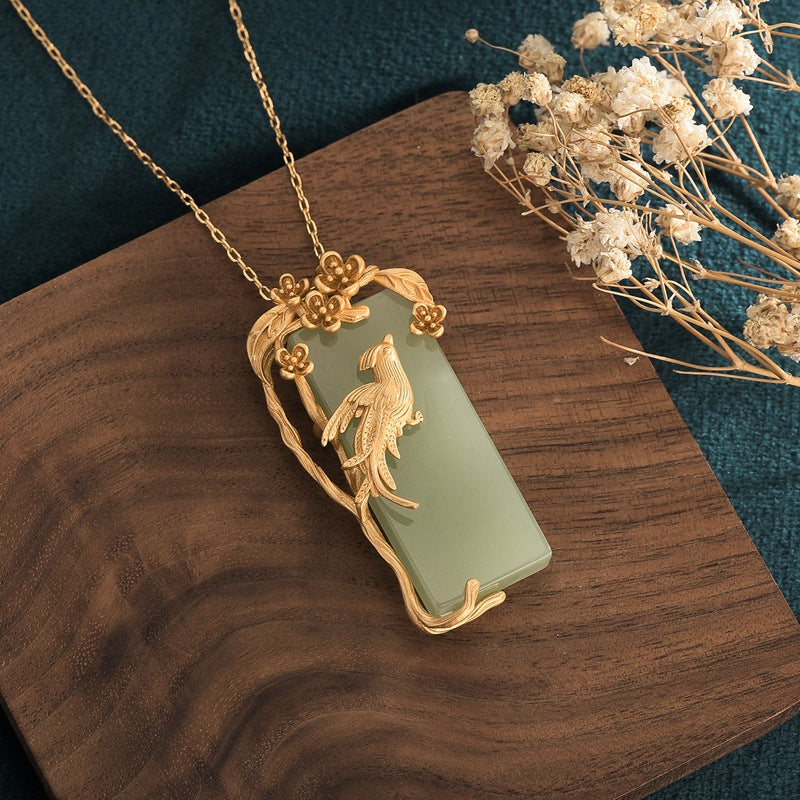 Jade Peace pendant necklace copper gold-plated Magpie Chinese style design 