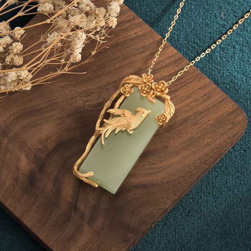Jade Peace pendant necklace copper gold-plated Magpie Chinese style design 