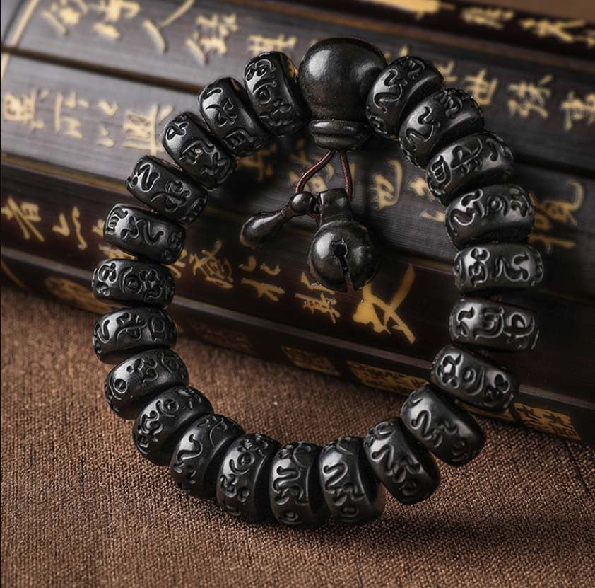 Lightning Wood Bracelet | Tibetan Inscription Prayer Beads Bracelet