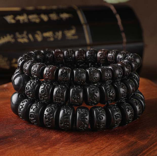 Lightning Wood Bracelet | Tibetan Inscription Prayer Beads Bracelet