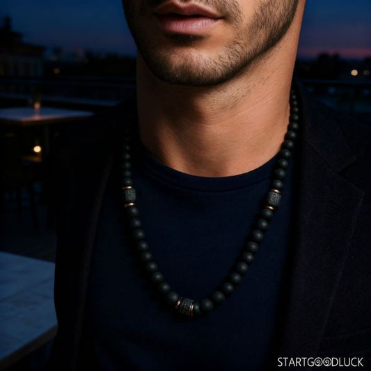 Men's Necklace - Matte Black Onyx & Cube Lava  Necklace