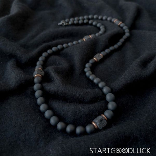 Men's Necklace - Matte Black Onyx & Cube Lava  Necklace