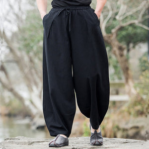 Men's Cotton & Linen Casual Tang Style Loose Size Wide Leg Pants