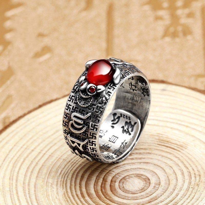 Men's  Silver Garnet Pixiu Heart Sutra Prosperity and Wealth Ring