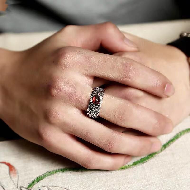 Men's  Silver Garnet Pixiu Heart Sutra Prosperity and Wealth Ring
