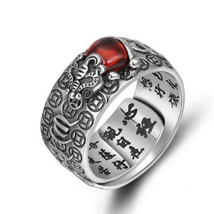 Men's  Silver Garnet Pixiu Heart Sutra Prosperity and Wealth Ring