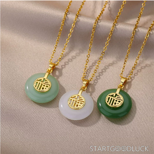 Natural Jade Necklace with Golden "Fu" Stamp