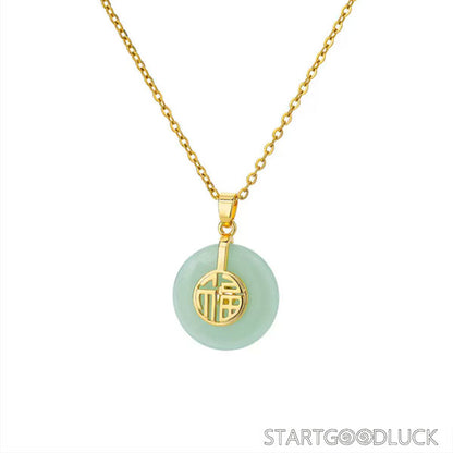 Natural Jade Necklace with Golden "Fu" Stamp