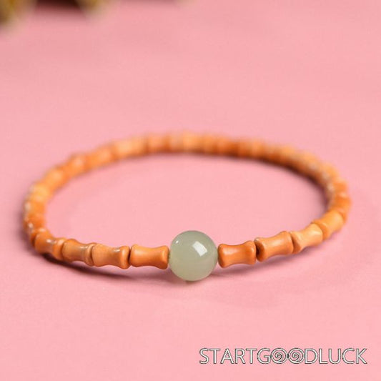 Natural Bamboo Joint Bracelet With Jade Bead Or Cinnabar Bead | Good Luck Bracelet
