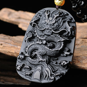 Natural Black Obsidian Dragon Pendant Bring Courage and Strength Necklace