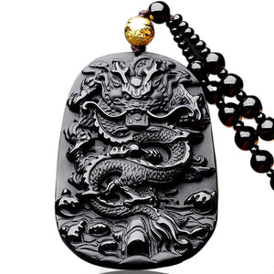 Natural Black Obsidian Dragon Pendant Bring Courage and Strength Necklace