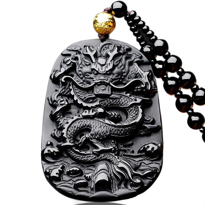 Natural Black Obsidian Dragon Pendant Bring Courage and Strength Necklace