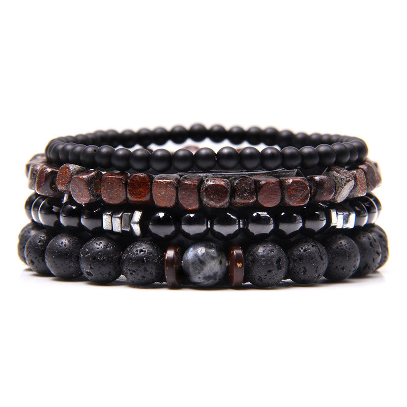 Natural Black Volcanic Stone & Wooden Bead Courage and Strength 4piece-set Bracelet