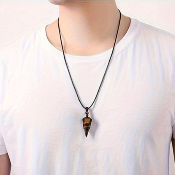 Natural Hexagonal Pyramid Tiger Eye Crystal Courage and Strength Necklace 