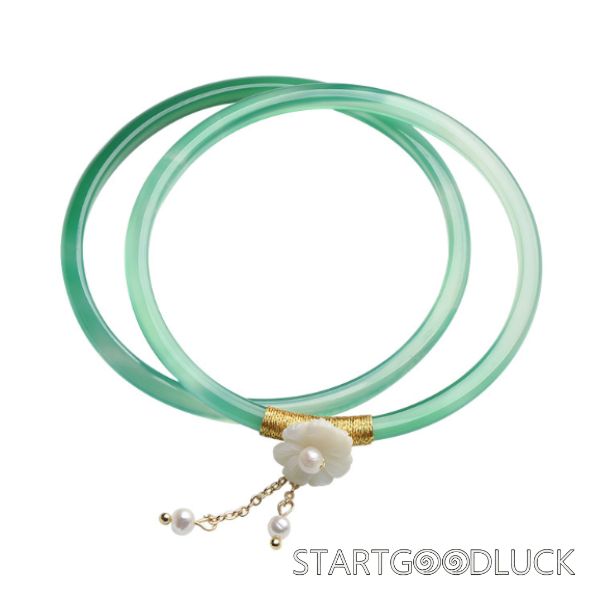 Natural Jade Bangle With Bell or Flowers | Jade Bracelets Set | Minimalist Style