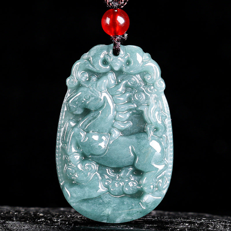 Natural Jade Blue Water 12 Zodiac Pendant Courage and Strength Necklace