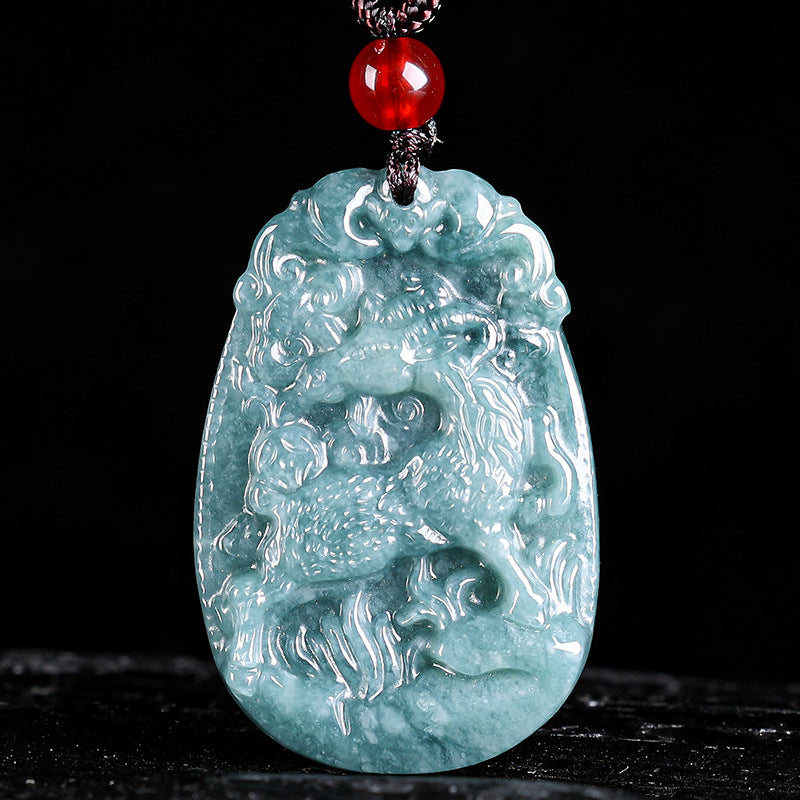 Natural Jade Blue Water 12 Zodiac Pendant Courage and Strength Necklace