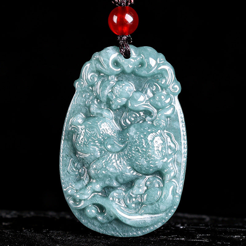 Natural Jade Blue Water 12 Zodiac Pendant Courage and Strength Necklace