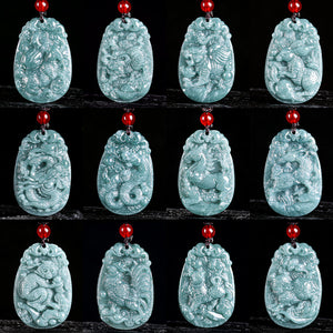 Natural Jade Blue Water 12 Zodiac Pendant Courage and Strength Necklace