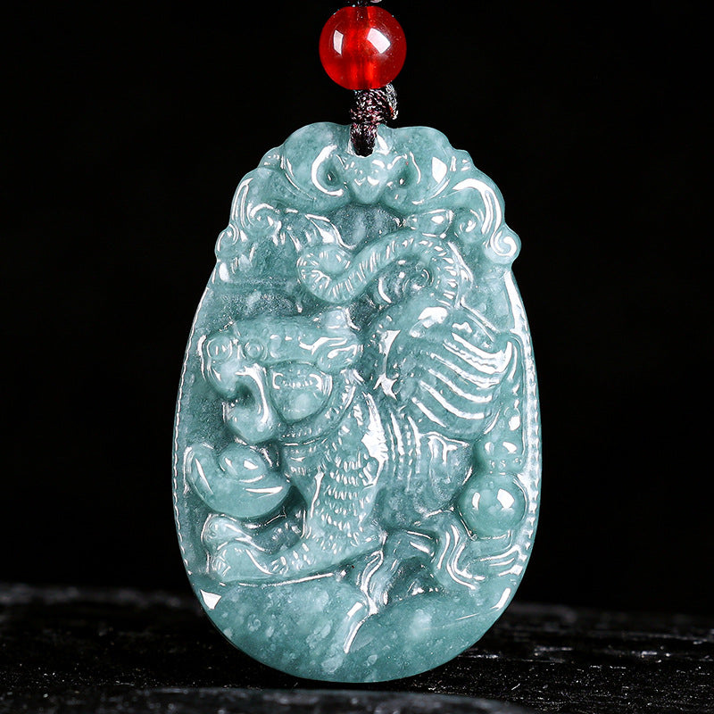 Natural Jade Blue Water 12 Zodiac Pendant Courage and Strength Necklace