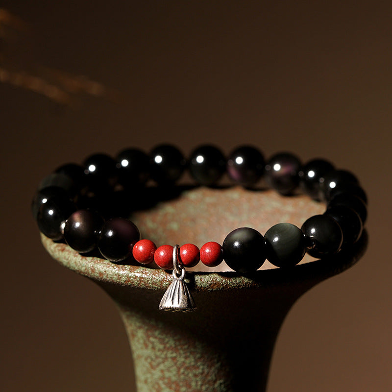Black Obsidian Bracelet with Silver Lotus