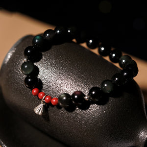 Black Obsidian Bracelet with Silver Lotus – Peace & Protection