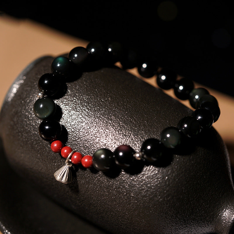 Black Obsidian Bracelet with Silver Lotus – Peace & Protection