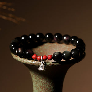 Black Obsidian Bracelet with Silver Lotus