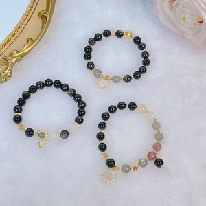 Natural Silver Obsidian Heart Star Flower Courage and Strength Bracelet