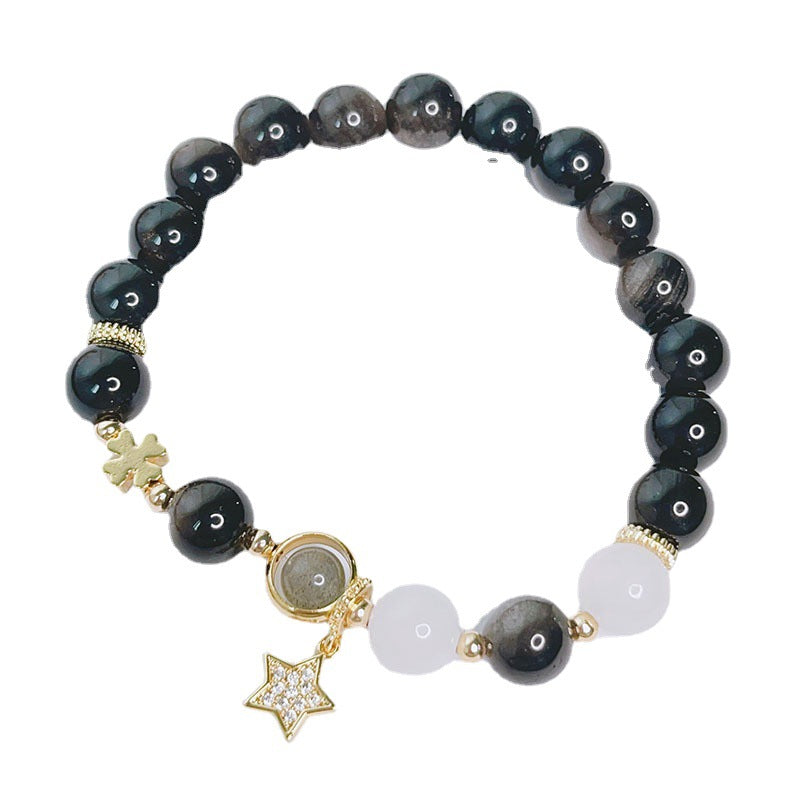 Natural Silver Obsidian Heart Star Flower Courage and Strength Bracelet