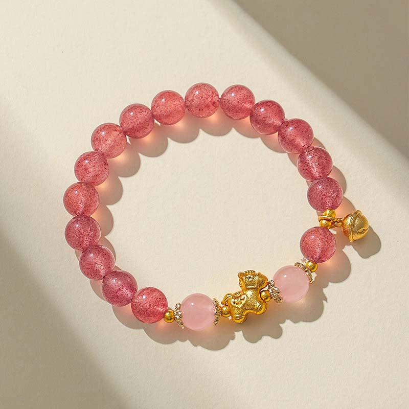Yellow Sweet Pink Crystal Beaded Gold Horse Year Prosperity and Wealth Bracelet