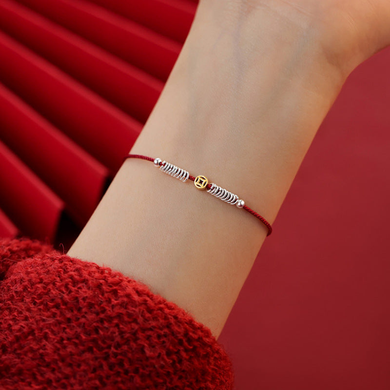 Silver Coin Bracelet Niche Design Temperament Red Rope