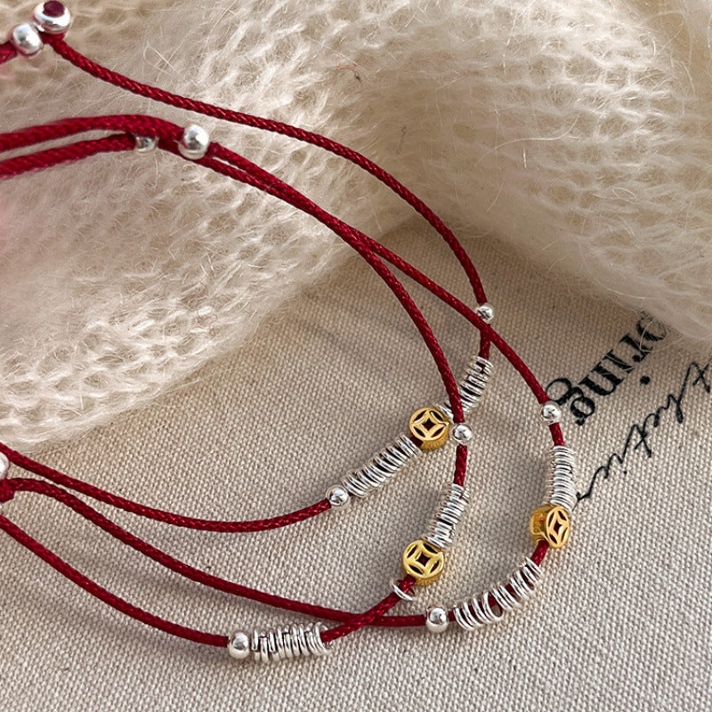 Silver Coin Bracelet Niche Design Temperament Red Rope