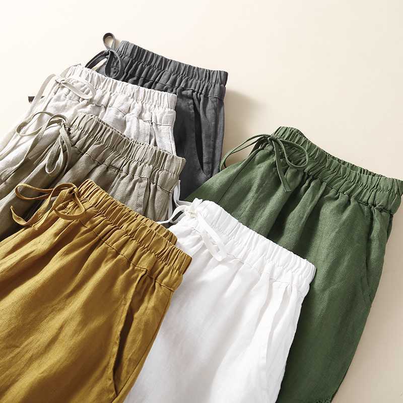 Woman cropped pants cotton and linen loose wide leg pants