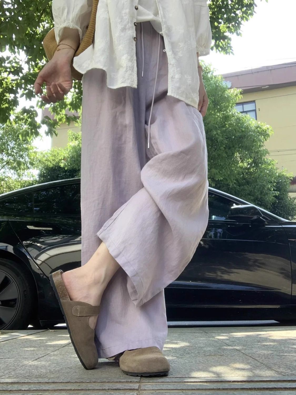 Women's purple linen wide-leg pants purple straight leg pants