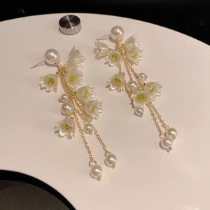 Pearl Orchid Bell Flower Long Tassel Prosperity and Wealth Earrings