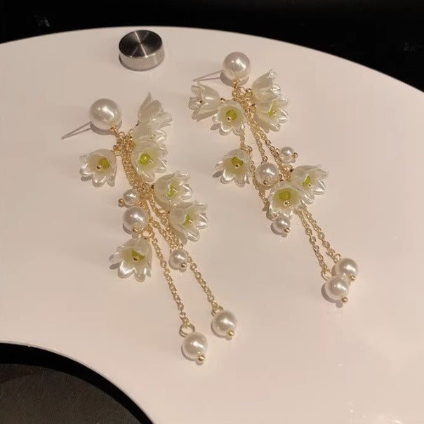 Pearl Orchid Bell Flower Long Tassel Prosperity and Wealth Earrings