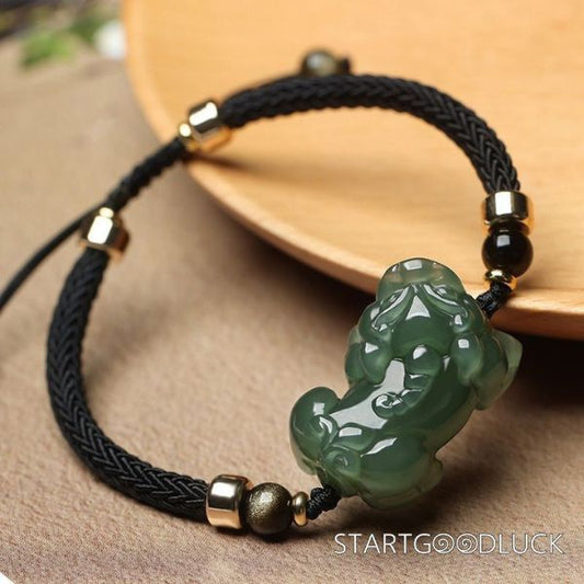 Pixiu Jade  Bracelets - Chinese Lucky RedBlack Rope bracelet with Pixiu charm