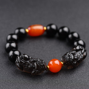 Obsidian Pixiu Bracelet with red beads